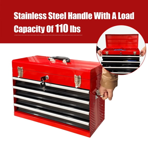21-Inch Heavy Duty Steel Tool Box 4-Drawer Portable Tool Chest with Auto-Lock EVA Liners & Ball Bearing Slides Red+Black Tool Organizer