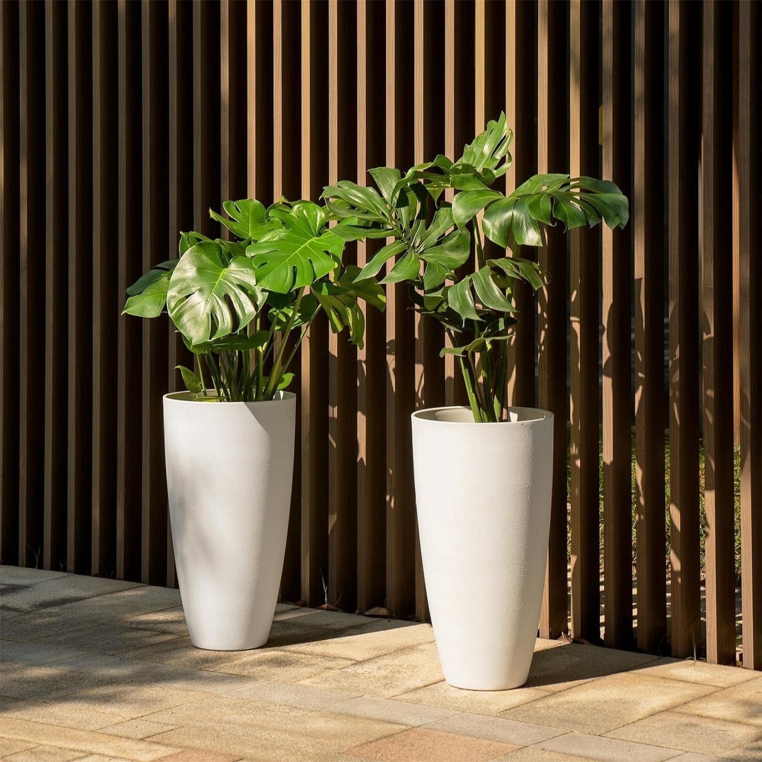 Gamexcel 21 Inch Indoor/Outdoor Round Tall Planters,Modern Resin Vase with Drainage Holes for Balcony and Patio Deck - 2Pack, White