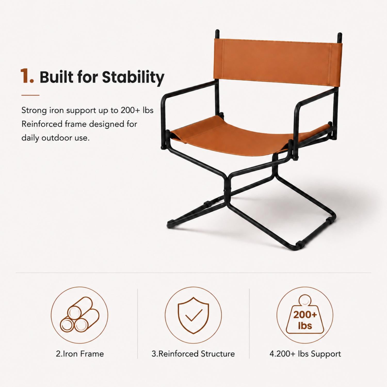 21-Inch Leather Director's Folding Camping Chair with Cup Holder and Backrest, Heavy Duty Outdoor Chair and Portable Seat for Fishing Lawn Sports, Brown