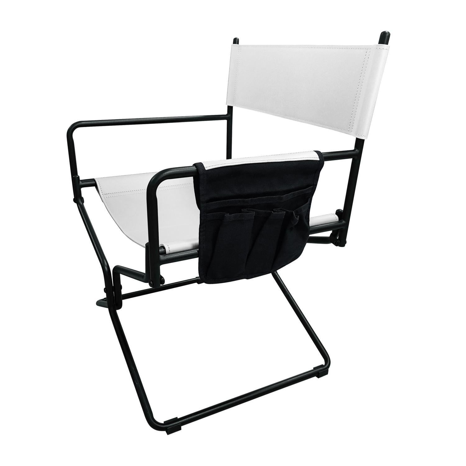 21-Inch Leather Director's Folding Camping Chair with Cup Holder and Backrest, Heavy Duty Outdoor Chair and Portable Seat for Fishing Lawn Sports, White