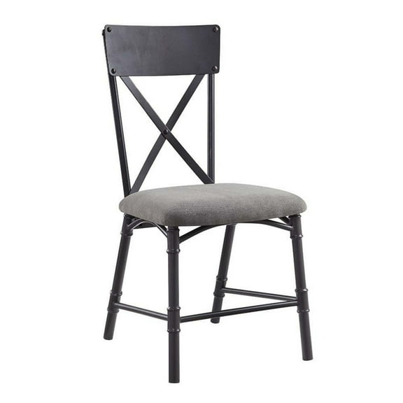 Benjara 21 Inch Metal Dining Side Chair, Fabric Seat, X Back, Set of 2, Gray