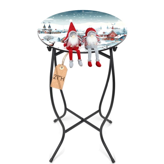 21 Inch Metal End Table With Snow-Themed Christmas Tabletop Round Coffee Table For Living Room Bedroom Indoor Use