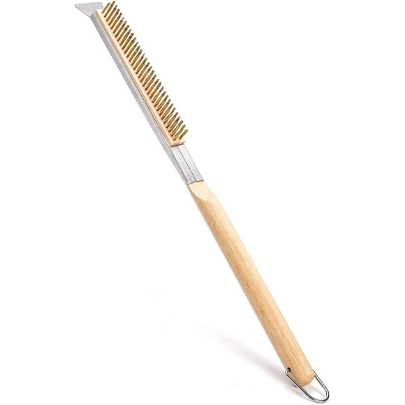 21 Inch Pizza Oven Brush with Scraper, Brass Bristles, Copper Wire Pizza Stone Cleaning Brush for BBQ Grill Cleaning, Outdoor Oven Accessories