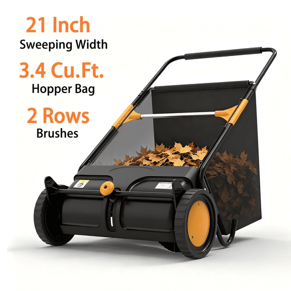 21 Inch Push Lawn Sweeper, 3.4 Cu. Ft. Manual Leaf & Grass Collector with Adjustable Brush Height, 2 Spinning Brushes for Yard Lawn Patio Cleaning