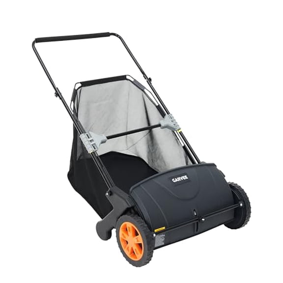21-Inch Push Lawn Sweeper, 3.5 Cu. ft. Leaf & Grass Collector with 4 Spinning Brushes, Stepless Adjustable Height Manual Yard Sweeper for Lawns, Driveways and Patios, Black & Orange