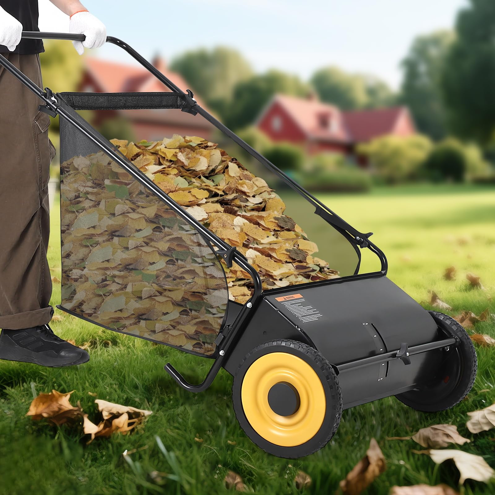 21-Inch Push Lawn Sweeper with 4 High-Speed Brushes, Heavy-Duty Steel Frame, Adjustable Brush Height, 3.5 cu ft Debris Bag — Quiet Manual Leaf & Grass Collector – Black