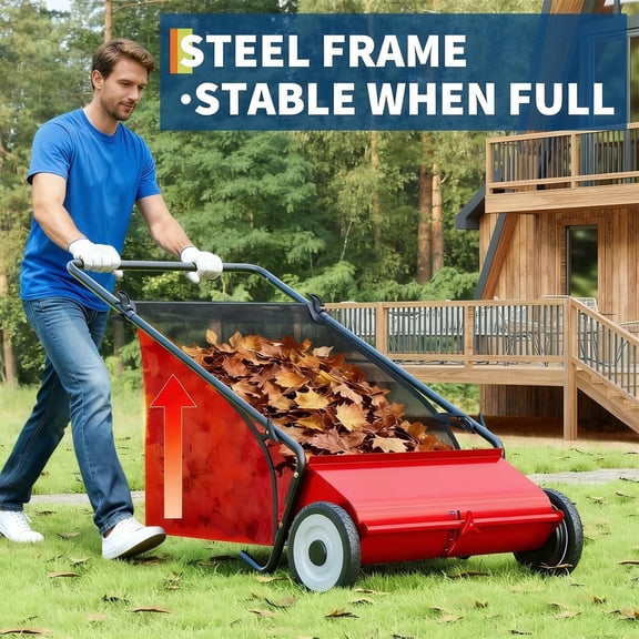 Volkmi 21 Inch 3.5 cu ft Manual Push Lawn Sweeper with 4 High-Speed Brushes, Heavy-Duty Steel Frame, Adjustable Height, Red