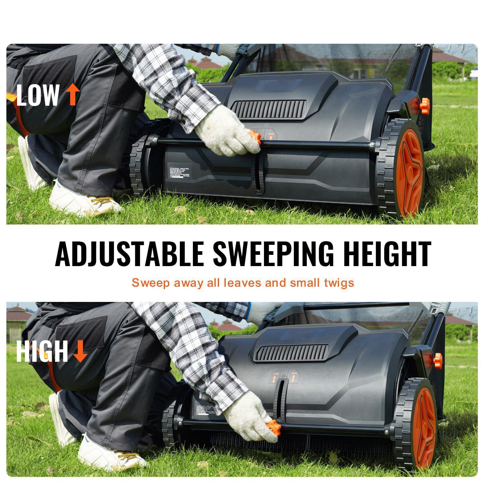 21 Inch Push Lawn Sweeper with 3.5 Cubic Foot Mesh Bag Heavy Duty Steel Construction Plastic Wheels Rotating Brushes