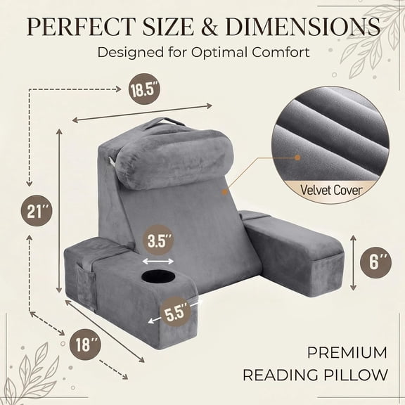 21 Inch Reading Pillow for Adults with Detachable Arms, Cup Holder & Phone Caddy - Gray Backrest Pillow for Bed Sitting Up