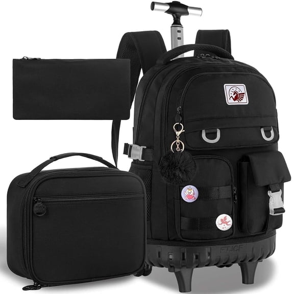 21 Inch Rolling Backpack for Girls Women, Wheeled School Backpack with Lunch Bag, Rolling Suitcase Bookbag for Teens, Black