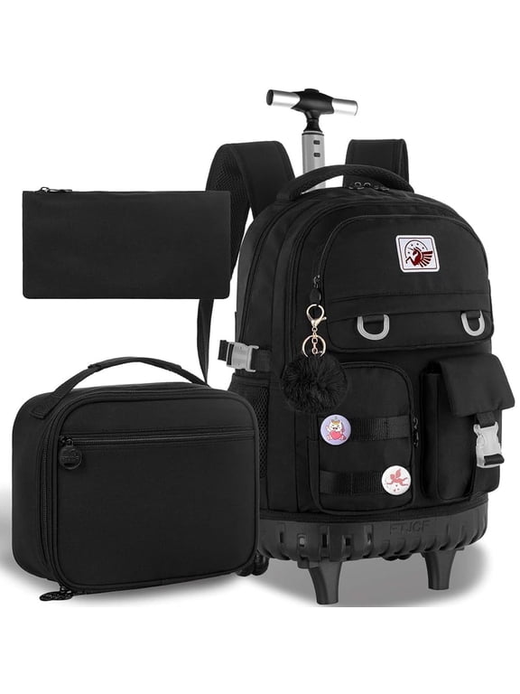 21 Inch Rolling Backpack for Girls Women, Wheeled School Backpack with Lunch Bag, Rolling Suitcase Bookbag for Teens, Black