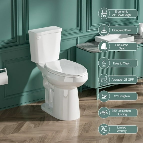 21 Inch Tall Toilet for Seniors Elongated Toilet Extra High Toilet Comfort Bowl Height Toilet Seat Height 22", Two-Piece Single Flush 1.28 GPF 12” Rough In,White, Elongated Oval Bowl