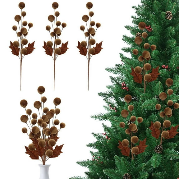 21 Inch Velvet Christmas Tree Picks - Faux Branches with Velvet Balls & Leaves for Xmas Tree, Wreath, Home & Party Decor