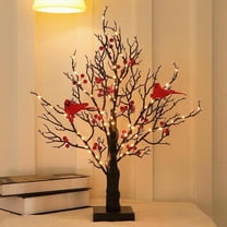 21 Inch Vintage Glowing Tree with Cardinals, LED Mini White Birch Tree with Berries, Lighted Tabletop Birch Ornament with Red Birds for Holiday Home Christmas Decor and Seasonal Display