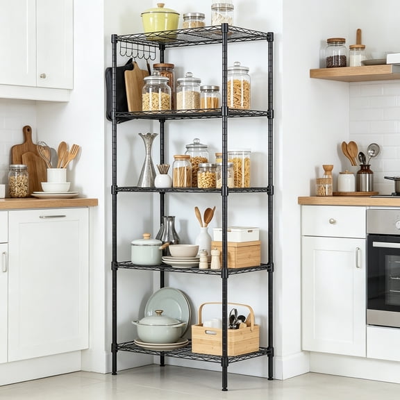 21"L x 11"W x 59"H Commercial Wire Shelving Unit, Metal Shelf with 5 Tiers Adjustable and Free Combination Layer Rack, Strong Steel for Restaurant, Garage, Pantry, Kitchen, Black
