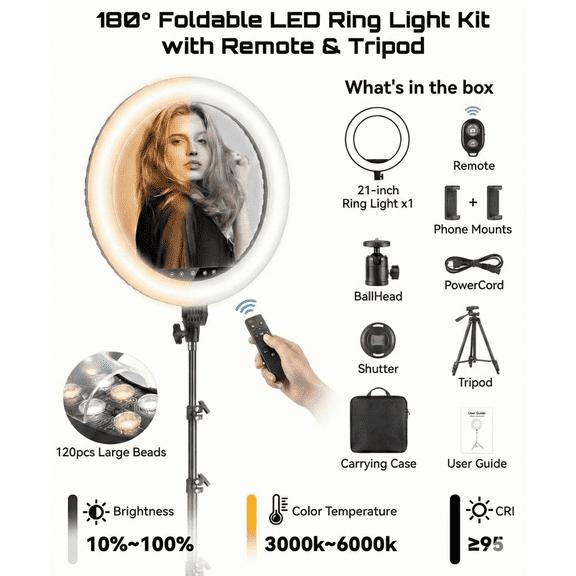 21 LED Ring Light with Tripod Stand, Remote & Phone/Camera Mount, 55W Smart Touch Dimmable 3000K6000K for TikTok, YouTube, Makeup & Photography