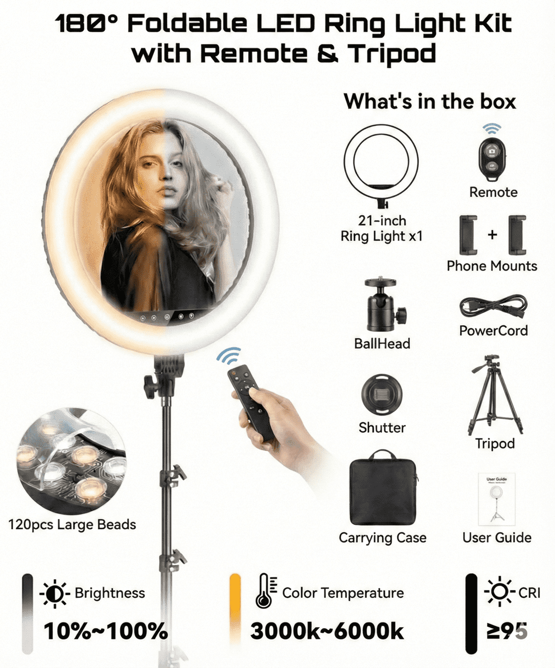 21” LED Ring Light with Tripod Stand, Remote & Phone/Camera Mount, 55W Smart Touch Dimmable 3000K–6000K for TikTok, YouTube, Makeup & Photography