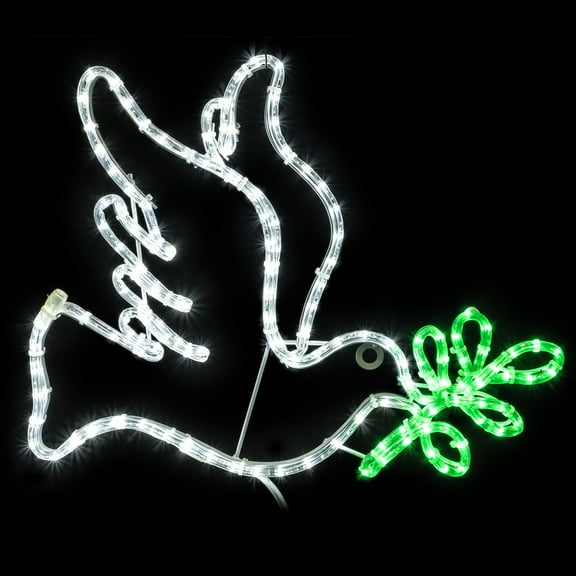 LED Rope Light Dove with 5 Olive Branch Decoration - Lighted Sign - Cool White and Green - 21 Inch