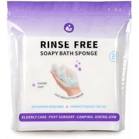 -21% Larger Rinse Free Bath Sponges for Adults-Disposable No Rinse Bathing Wipes-Soap Infused,Dry Shower Wipes for ,Camping,   Haves,(Lavender 25 Counts)