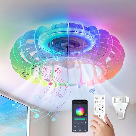 21'' Low Profile Bladeless Ceiling Fan with Light,Dimmable LED Enclosed Ceiling Fans with Remote 6 Wind Speeds Reversible Ceiling Fan with Bluetooth Speaker for Kids Room,Bedroom,Party