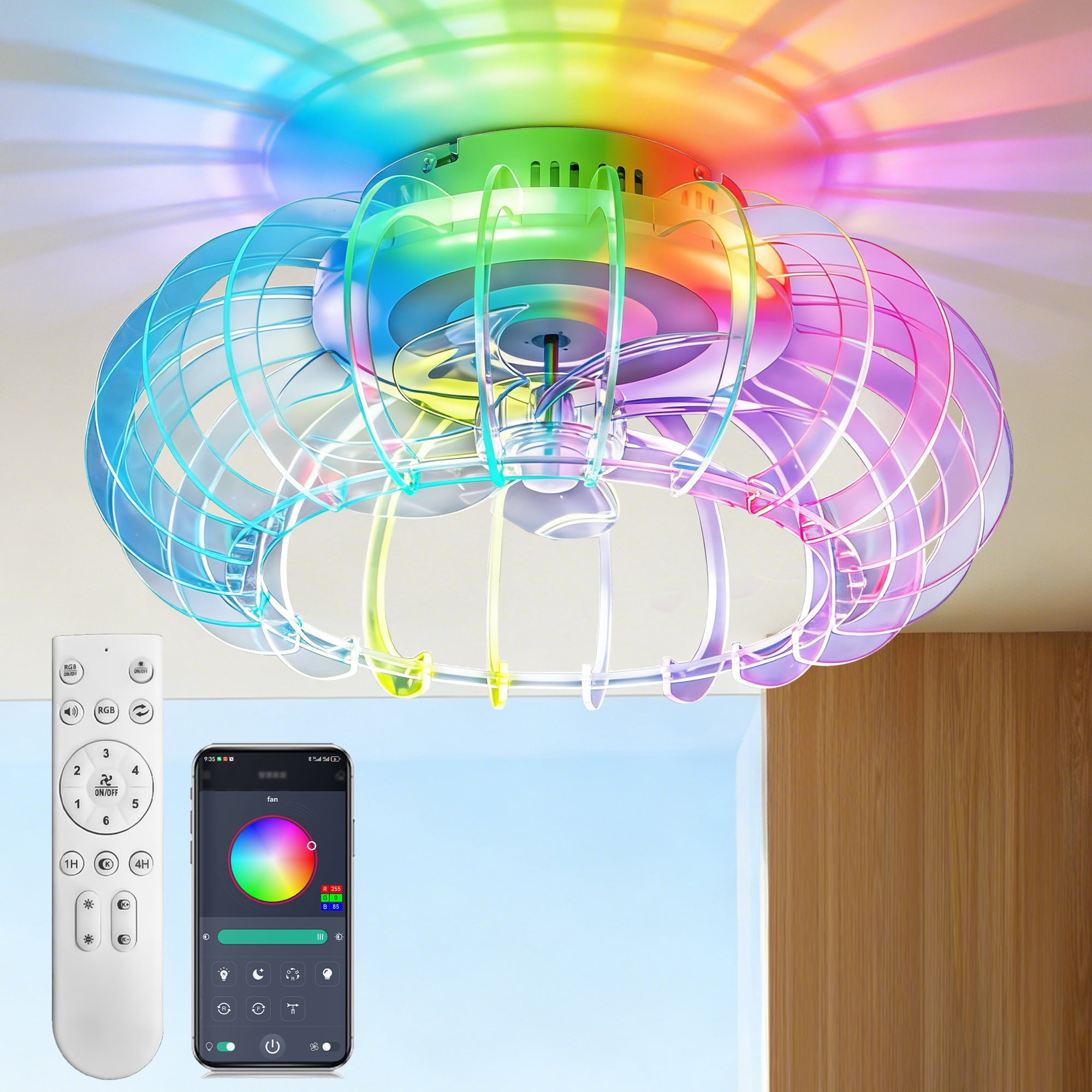 21" Low Profile Bladeless Ceiling Fan with Lights Dimmable LED Enclosed Ceiling Fans with Light and Remote 6 Wind Speeds Reversible Ceiling Fan with Bluetooth Speaker for Kids Room Bedroom Party
