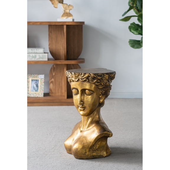 21" Magnesium Side Table with Classical Gold Bust Design, Metallic Gold Sculptural Accent Table for Living Room Entryway Home Decor