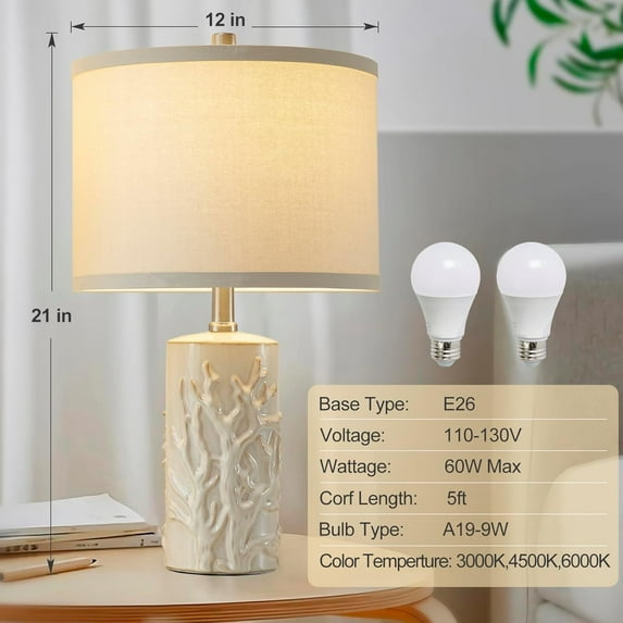 21" Modern Ceramic Table Lamps Set of 2 White Living Room Bedroom Desk Nightstand Farmhouse Decor