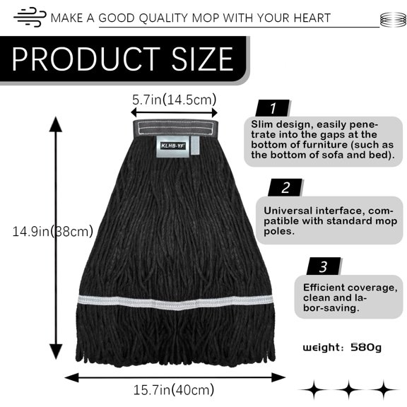 21 Oz Black Cotton Mop Head Replacement Heavy Duty Industrial Commercial Mop Head Washable