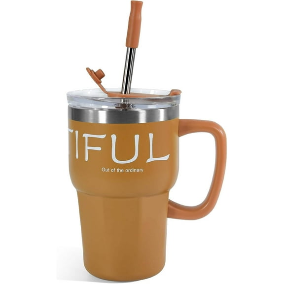 21 Oz Insulated Coffee Mug Tumbler with Handle, Stainless Steel Travel Mug Tumbler with Lid and Straw, Coffee Travel Mug Spill Proof with Lid for Keep Hot/Ice Coffee, Brown