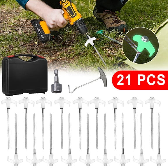 21 PCS 8 Inch Heavy Duty Metal Screw Tent Stakes, Glow in Dark T-Handle Ground Pegs Anchors for Camping Canopy Hammock Beach Snow Grass Forest Yard