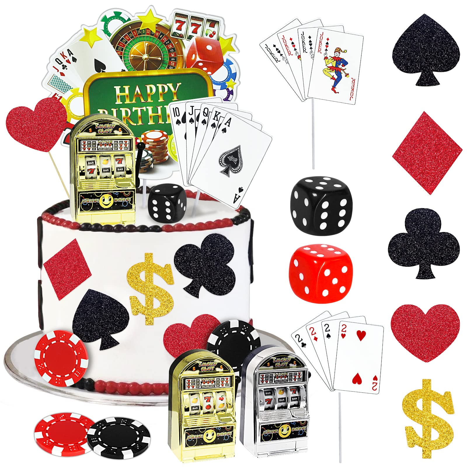 21 PCS Casino Cake Decorations with Slot Machine Toy Cake Toppers Poker