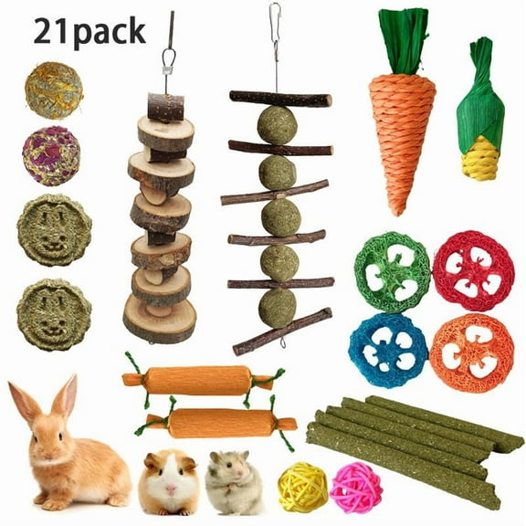 21 PCS Rabbit Toys Bunny Chew Toys for Teeth, Natural Timothy Hay Chew Treats, Apple Wood Grass Timothy Sticks Chew and Treat for Guinea Pigs Hamster Chinchillas, Hand Made Safe