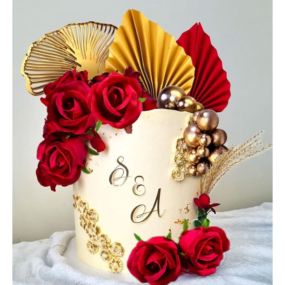 21 PCS Red Rose Cake Decoration Queen Birthday Cake Decoration Ginkgo Palm Leaves for Wedding Birthday Engagement Bridal Shower
