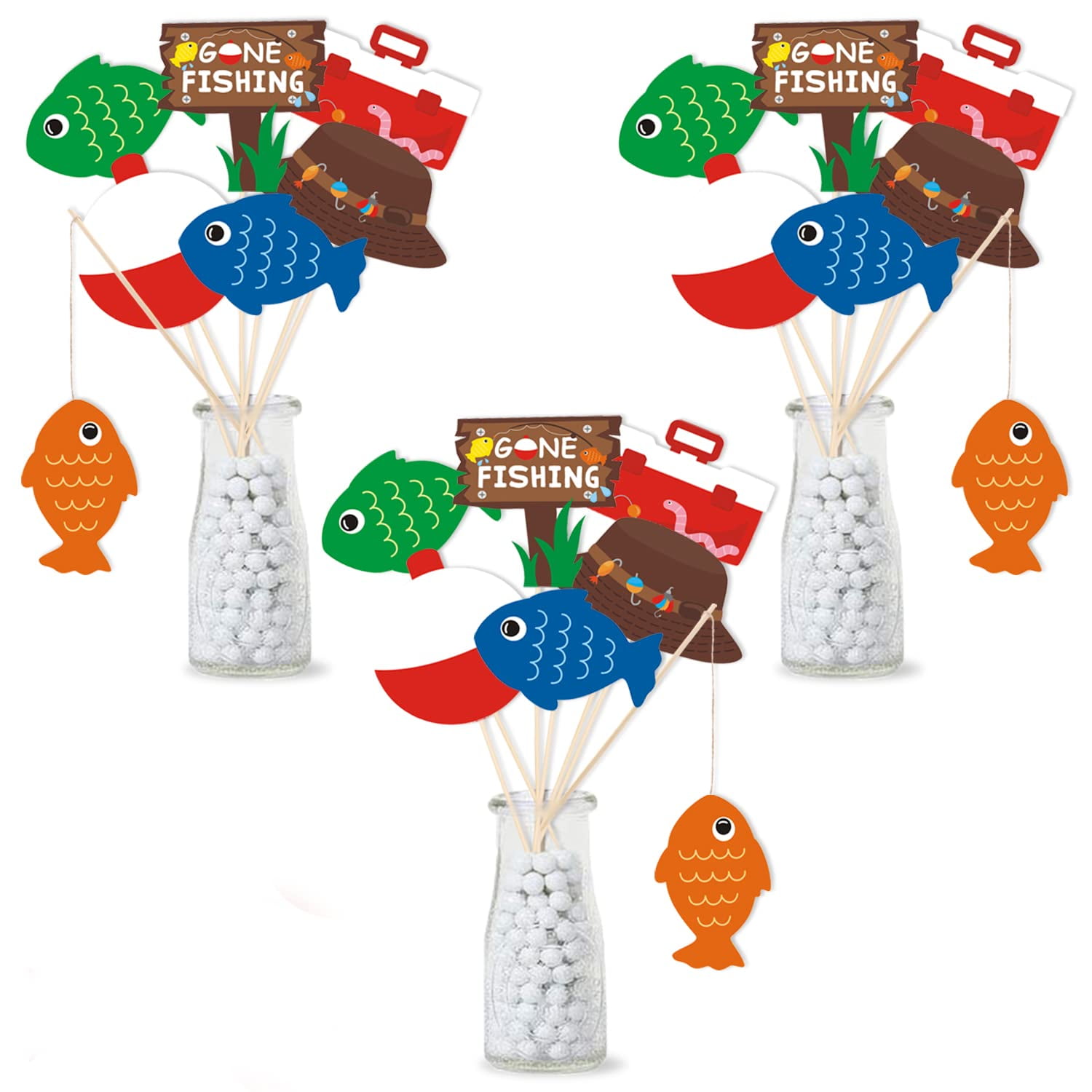 21 Pack Gone Fishing SE33 Theme Little Fisherman The Big One Party  Centerpiece Sticks Bobber Table Toppers Kids Fishes Reel Fun Birthday Ideas  Photo