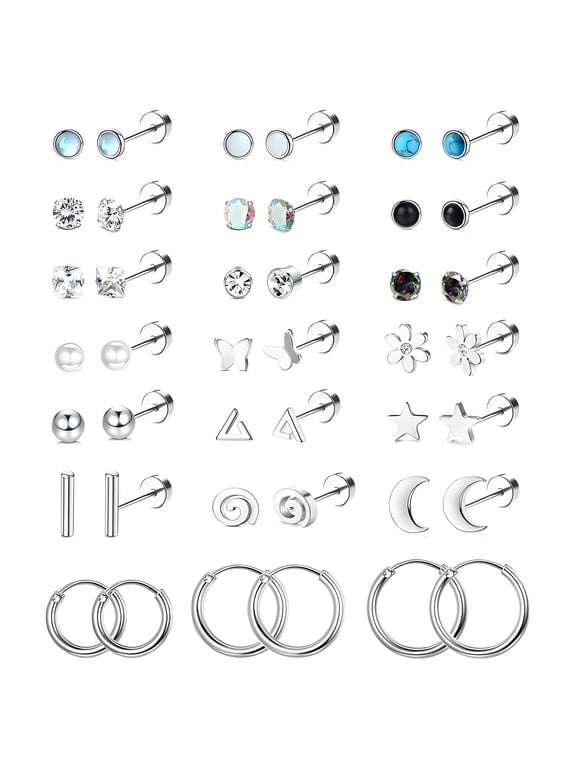 21 Pairs Flatback Stud Earrings, 316L Steel CZ Cartilage Sensitive Ears (Silver),Silver