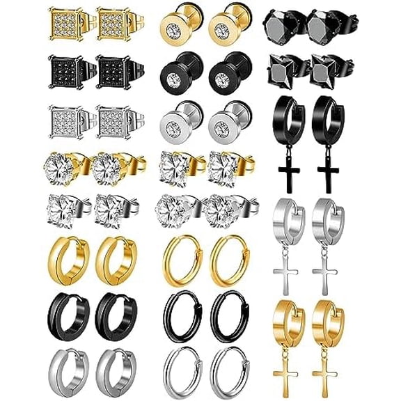 21 Pairs Stainless Steel Earrings for Men Inlaid Cross Dangle Hinged Earrings Hoop CZ Stud Hypoallergenic Earrings Huggie Earrings Set for Women Men Ear Piercing Jewelry Black Steel Gold