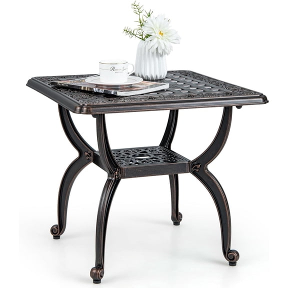 21 Patio Bistro Table, Cast Aluminum Outdoor Side Table with Storage Shelf, Antique Square End Table with Hollow-Carved Floral Pattern for Garden, Porch, Balcony