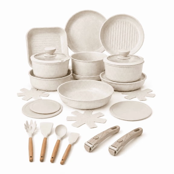 21-Pc Stackable Pots & Pans Set with Removable Handles, Nonstick Oven-Safe Cookware for Kitchen Storage Saving White