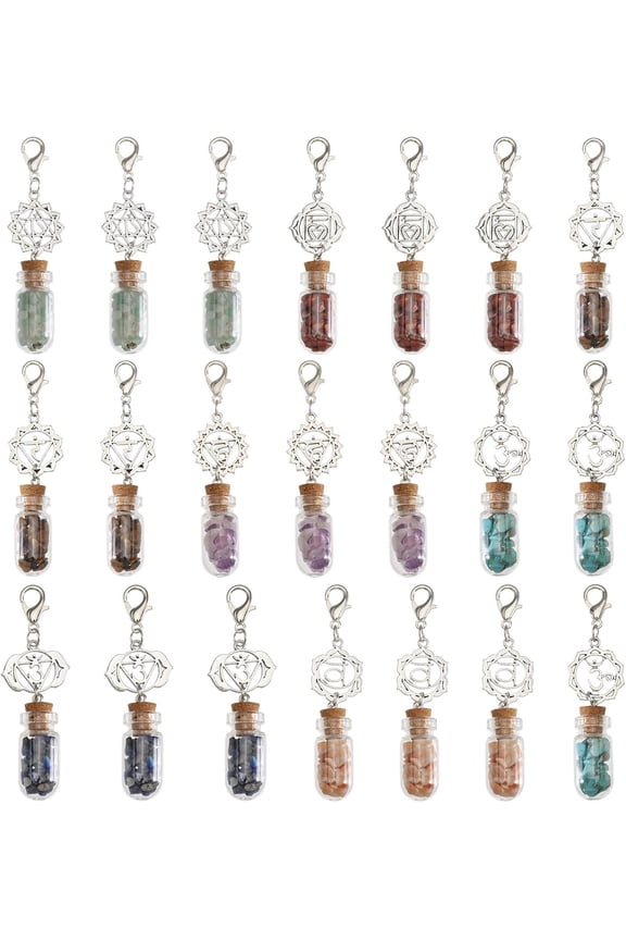 21 Pcs 7 Style Natural Stone Glass Wishing Bottle Charms Stone Bottle Pendant Charm with Alloy Clasps for DIY handcrafting