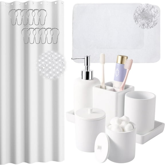 21 Pcs Bathroom Accessory Set with Waterproof Shower Curtain and Non Slip Mat,Resin Bath Set with Toothbrush Holder and Lotion Soap Dispenser,Bathroom Countertop Organizer Set for Home Apartment