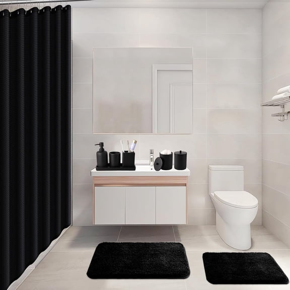 21 Pcs Black Bathroom Accessory Set with Waterproof Shower Curtain and Non Slip Mats, Resin Bath Collection for Home Apartment