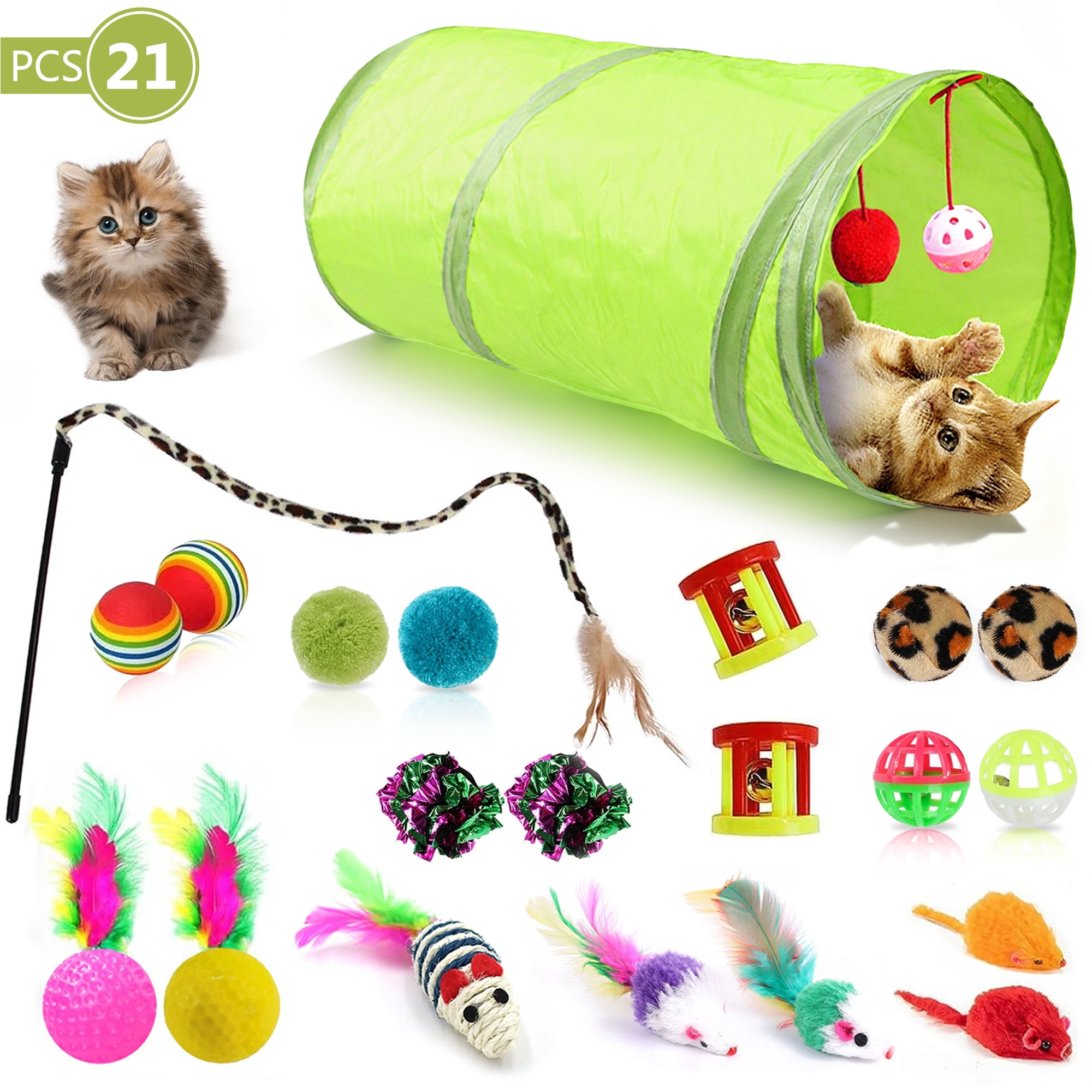 21Pcs Cat Toys Kitten Toys, Interactive Kitten Toys for Indoor Cats, Variety Catnip Toys with Collapsible Cat Tunnel, Cat Toy Balls, Cat Wand