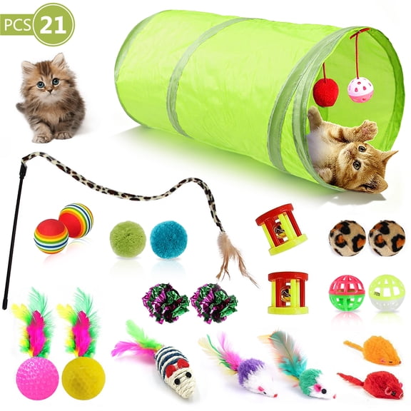 21 Pcs Cat Toys Set, Interactive Kitten Toys with Collapsible Cat Tunnel, Cat Feather Wand, Plush Mouse, Bell Balls, Crinkle Balls, Variety Indoor Cat Interactive Toy Pack for Kittens & Cats