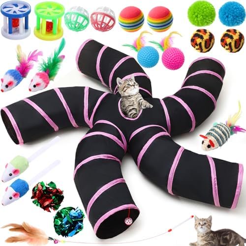 21 Pcs Cat Tunnel for Indoor Set Collapsible 5 Way Tubes with 20 Pcs Cat Kitten Toys Interactive Feather Toy Mouse Crinkle Balls Tube for Puppy Kitten Rabbit(Pink Black)