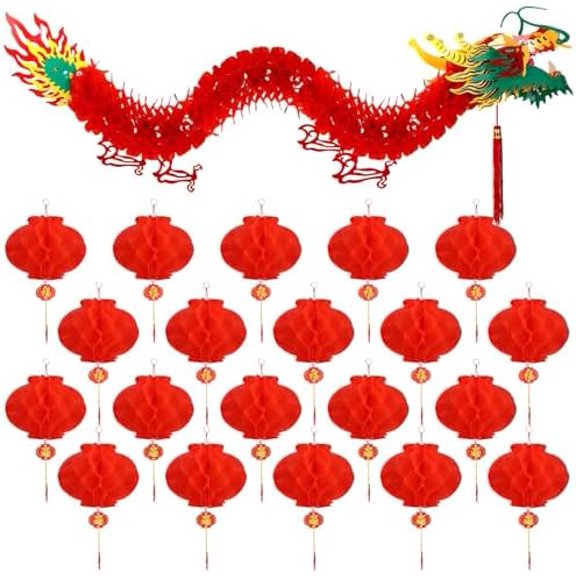 21 Pcs Chinese New Year Dragon Ceiling Decorations 3D Spring Festival Dragon Garland with Red Chinese Paper Lanterns Hanging Decoration Lunar New Year Lantern Festival Party Decor for Home Restaurant