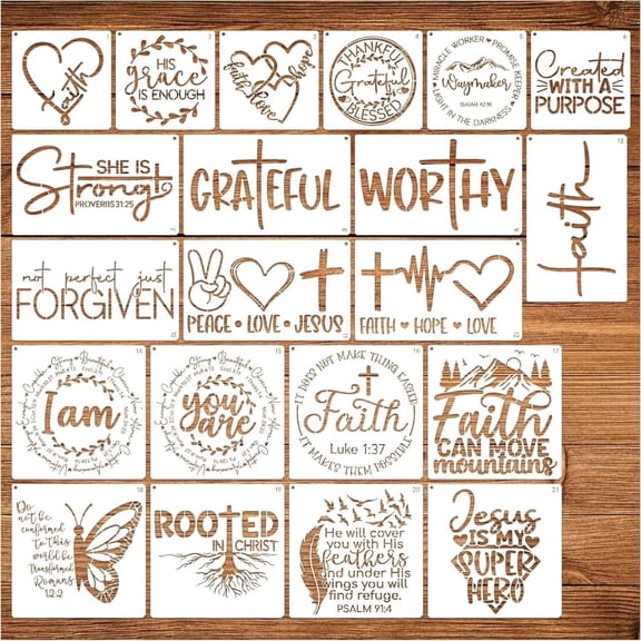 21 Pcs Christian Painting Stencil Set, Faith Reusable Drawing Templates, Stencils for Crafts, Bible Decorating Supplies for Walls Wood Canvas, DIY Memorial Gifts Home Decor