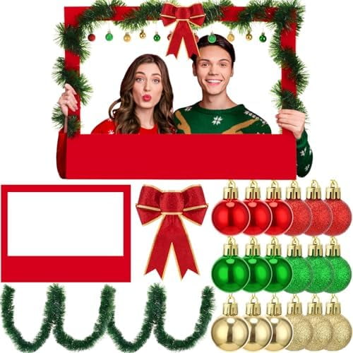 21 Pcs DIY Christmas Photo Booth Props Picture Frame 32" x 24" Large Picture Props Friends Selfie Accessories with Tinsel Garland Balls Bow for Xmas Winter Holiday New Year Decor Party Supplies