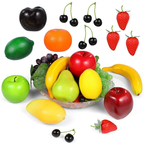 21 Pcs Fake Fruits, Artificial Fruits, Simulation Fruit Set for Home Decor, Assorted Fruit Models, Faux Apples Grapes Banabas Strawberries for Photography Props, Table Decor
