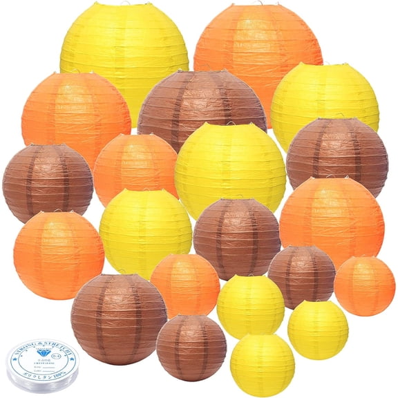 21 Pcs Fall Paper Lanterns Party Decorations, 4/6/8/10 Inch Yellow Orange and Brown Thanksgiving Decorations Autumn Hanging Paper Lanterns for Harvest Theme Party, Wedding, Birthday, Baby Shower