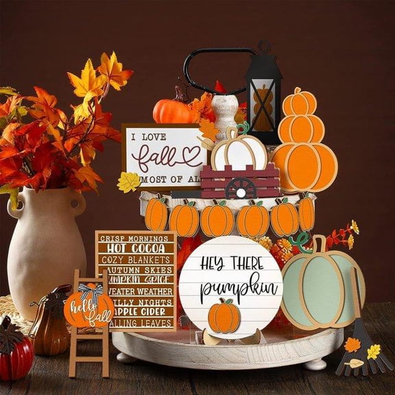 21 Pcs Fall Tiered Tray Decor Set, Hello Fall Pumpkin Gnome Truck Wood Signs for Rustic Farmhouse Thanksgiving Table, Kitchen Shelf and Mantel Decor